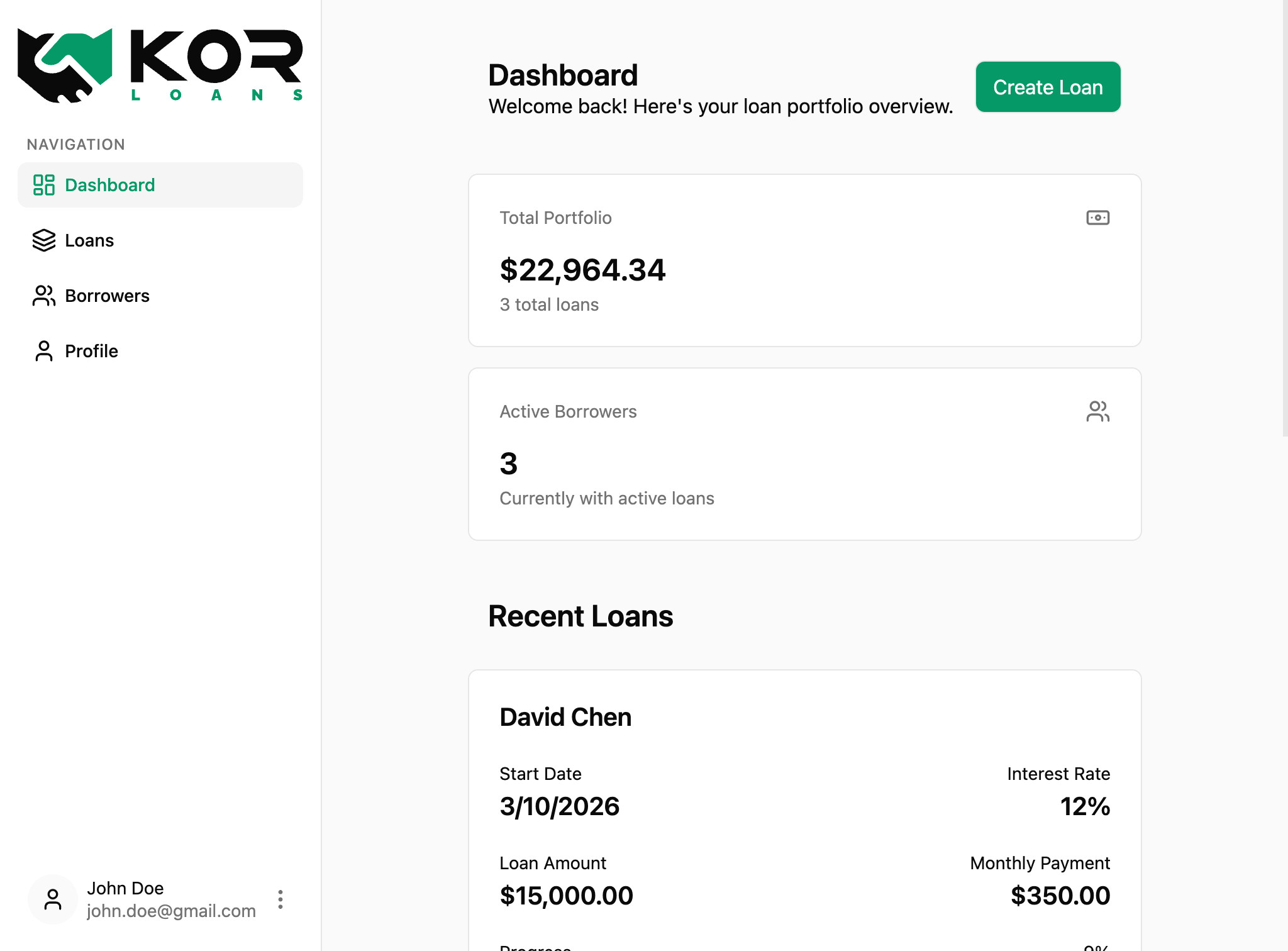 KorLoans lender dashboard showing borrower list with loan amounts and payment tracking