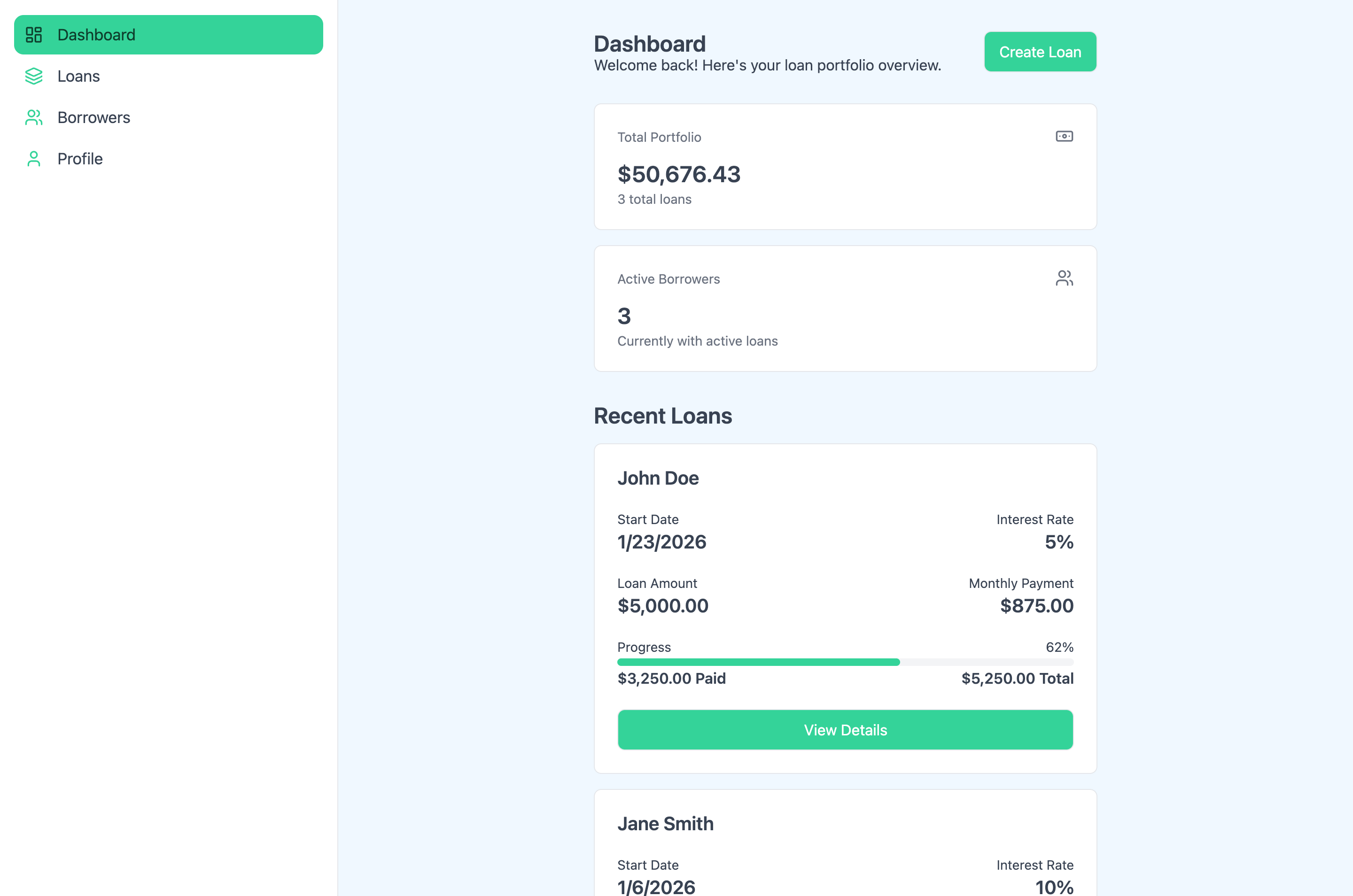Kor Loans lender dashboard showing borrower list with loan amounts and payment tracking
