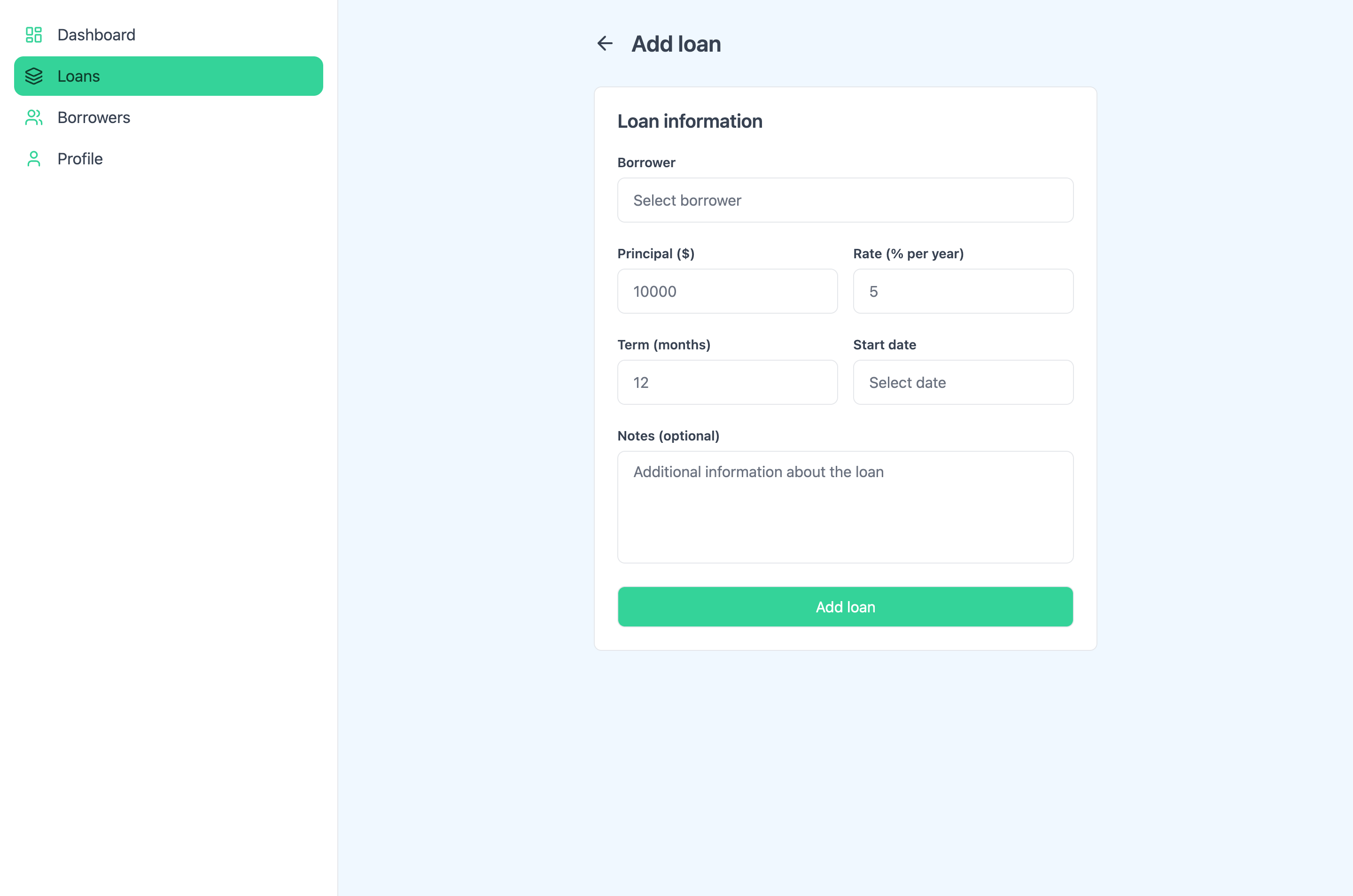 Loan creation form with amount, interest rate, and term fields