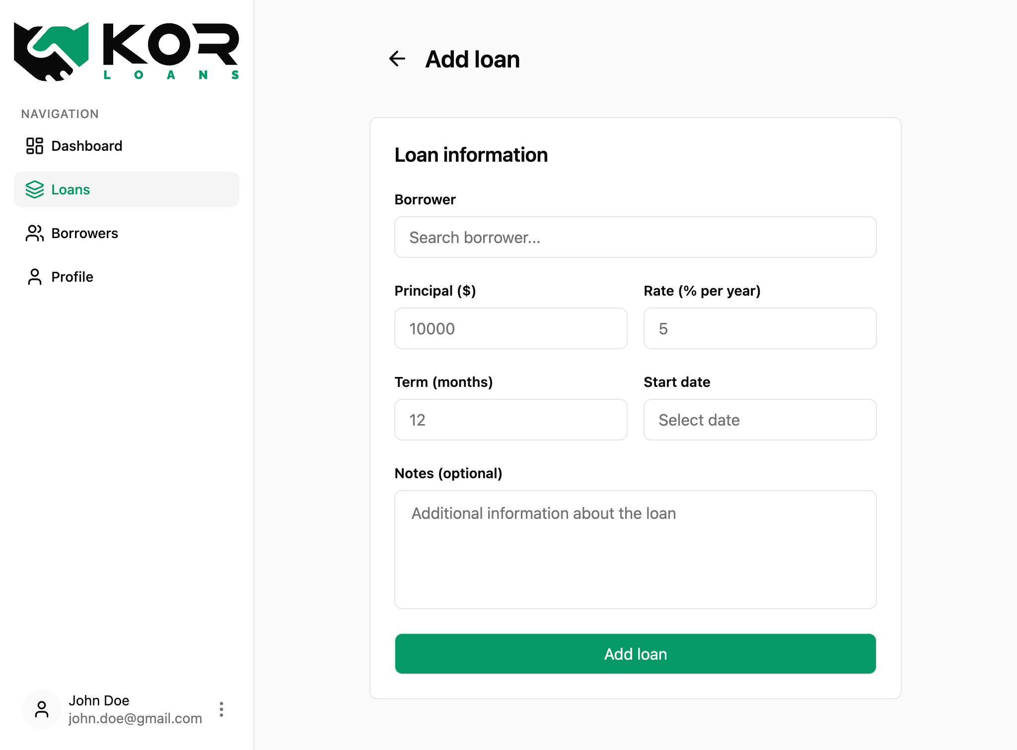 Loan creation form with amount, interest rate, and term fields
