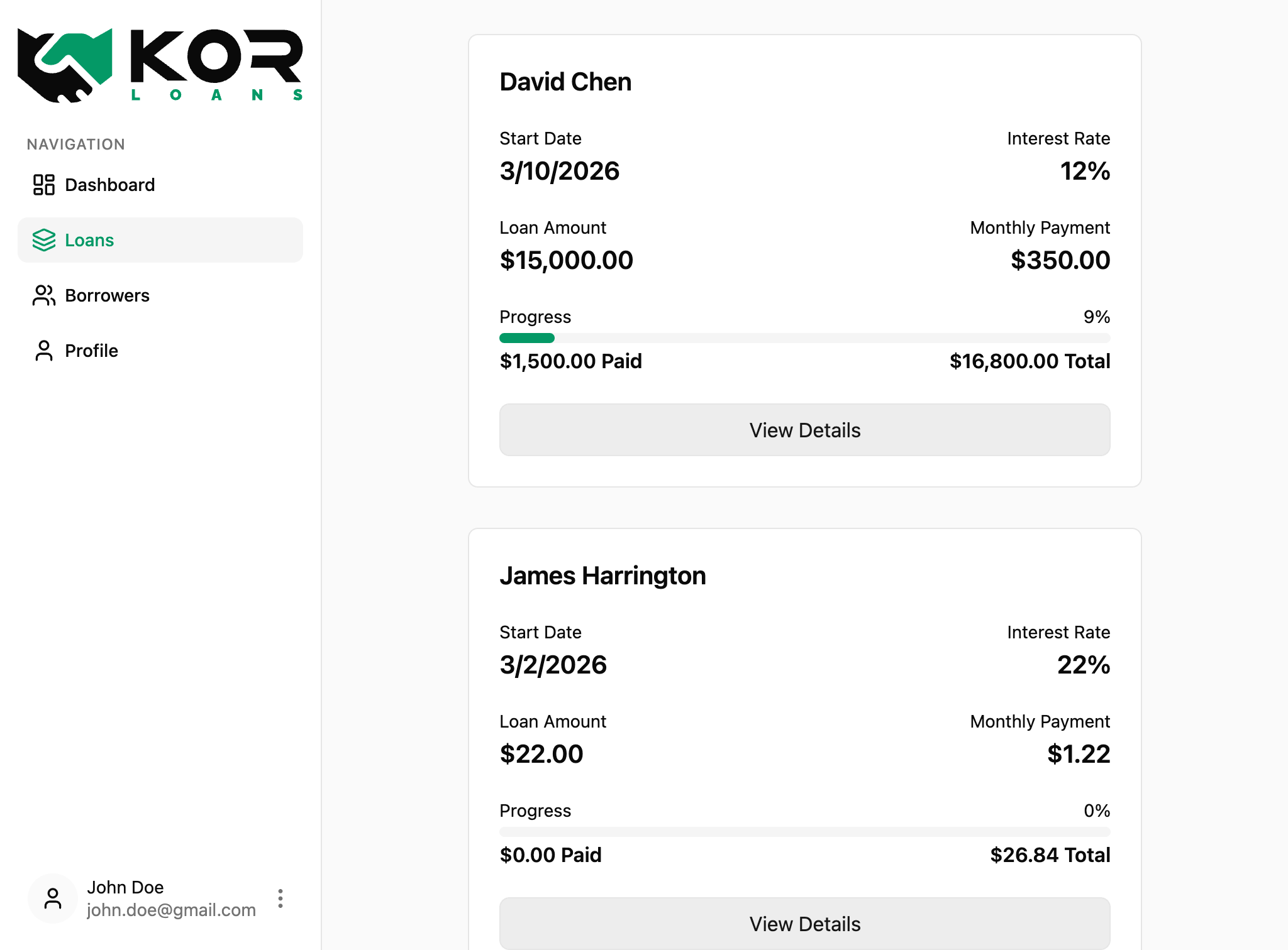 Lender loans overview with multiple active loans and outstanding balances